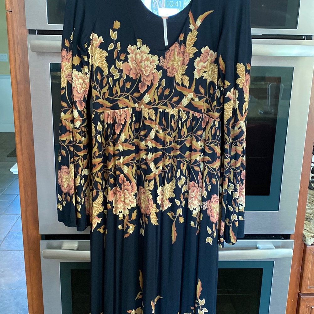 Free People Black Maxi Dress with Mustard & Blush Floral Print
